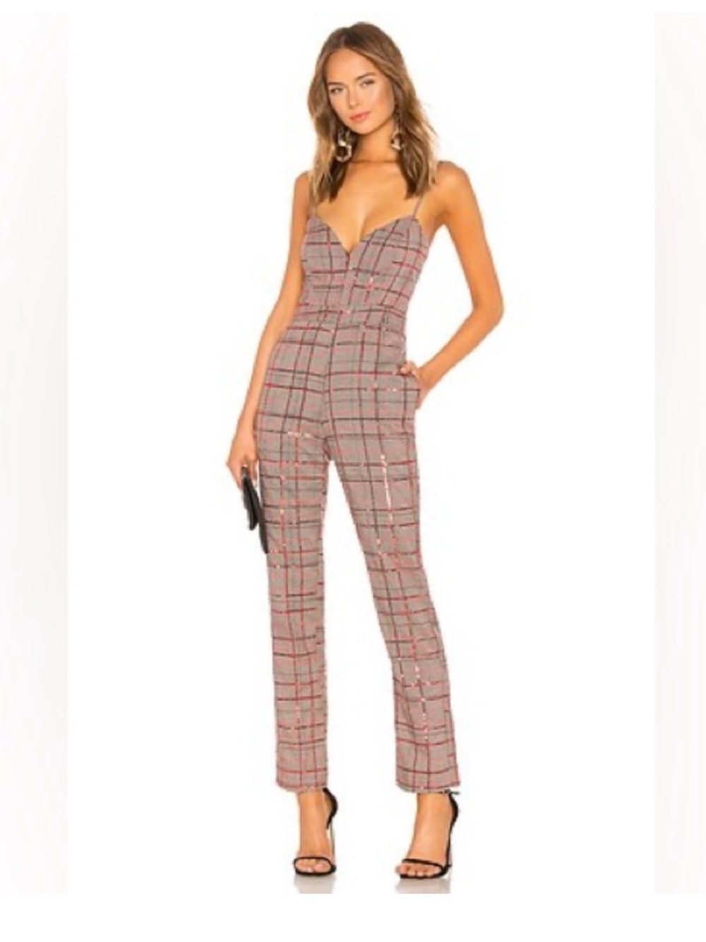 NWT NBD Davida Plaid Sequin Jumpsuit Red Gray Revolve Size M